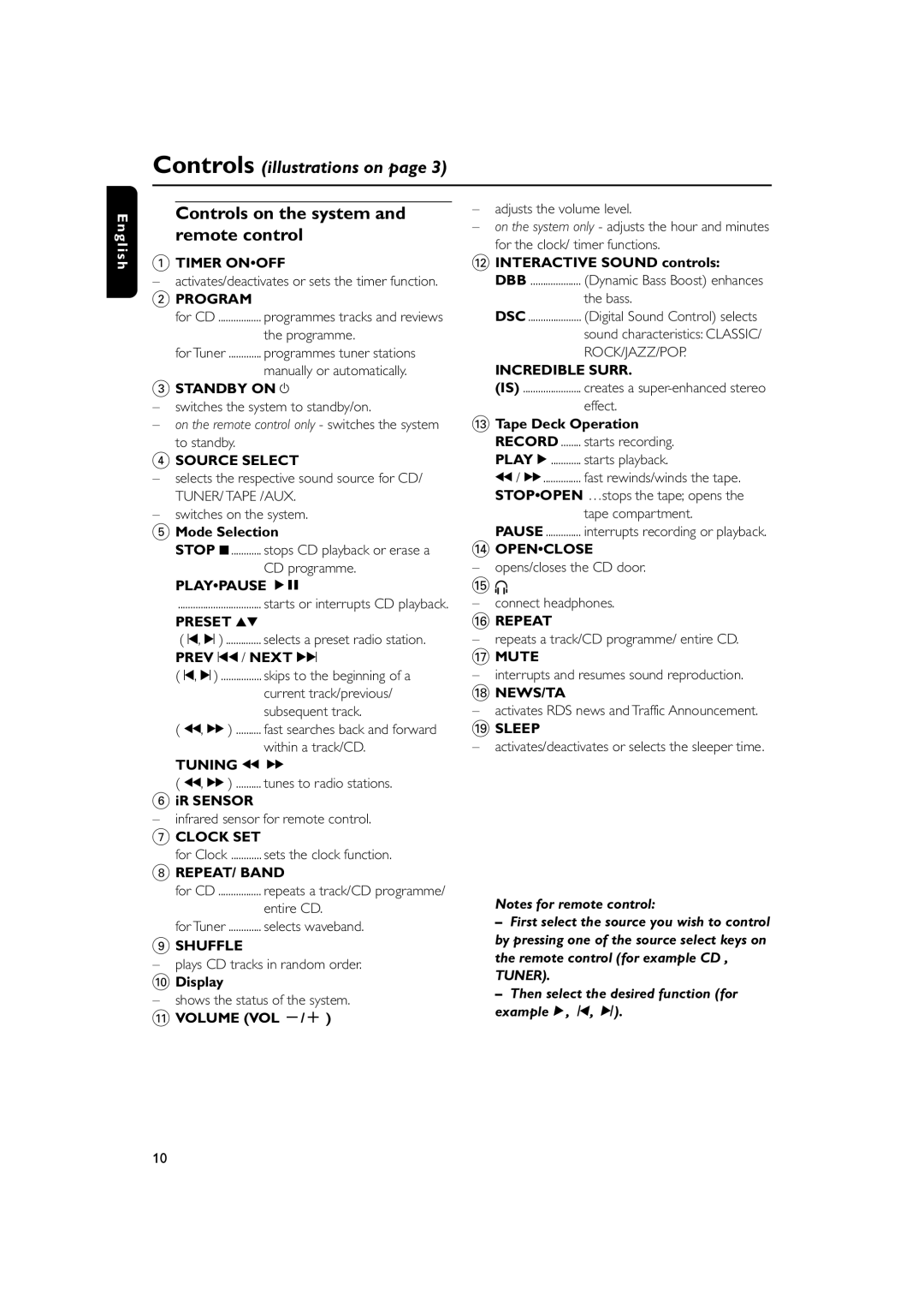 Philips MC160 user manual Controls on the system, Remote control 