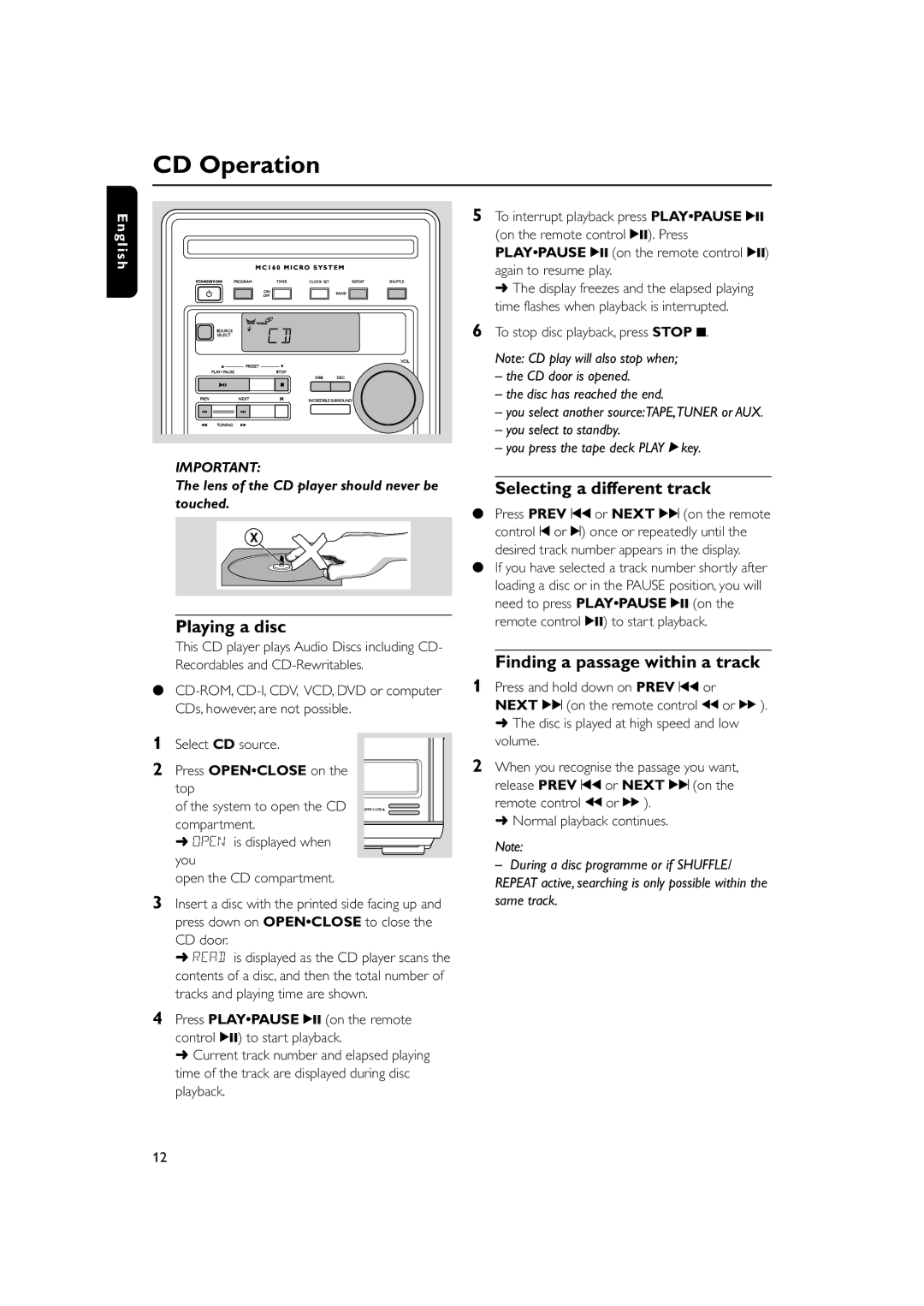 Philips MC160 user manual CD Operation, Playing a disc, Selecting a different track, Finding a passage within a track 