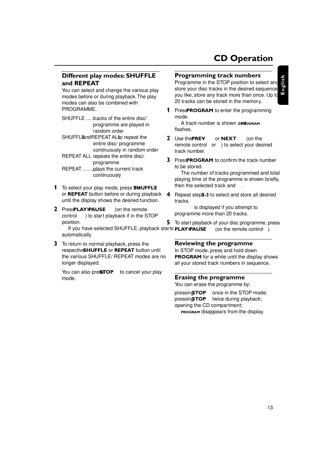 Philips MC160 user manual Different play modes Shuffle and Repeat, Programming track numbers, Reviewing the programme 