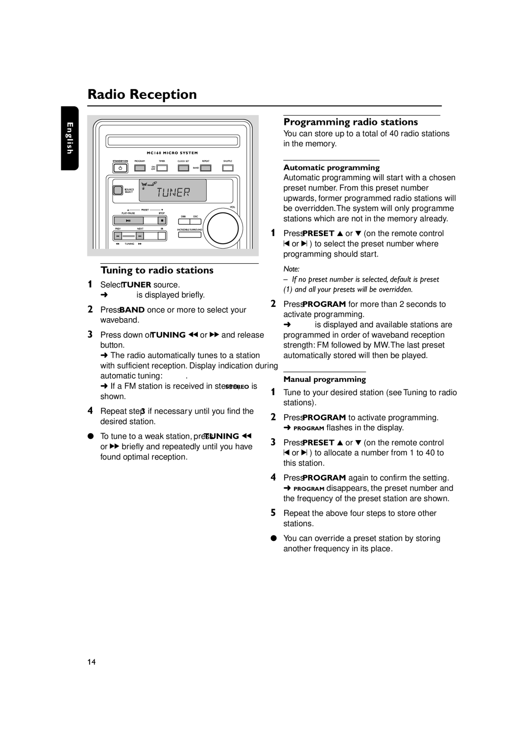 Philips MC160 user manual Radio Reception, Tuning to radio stations, Programming radio stations, Automatic programming 