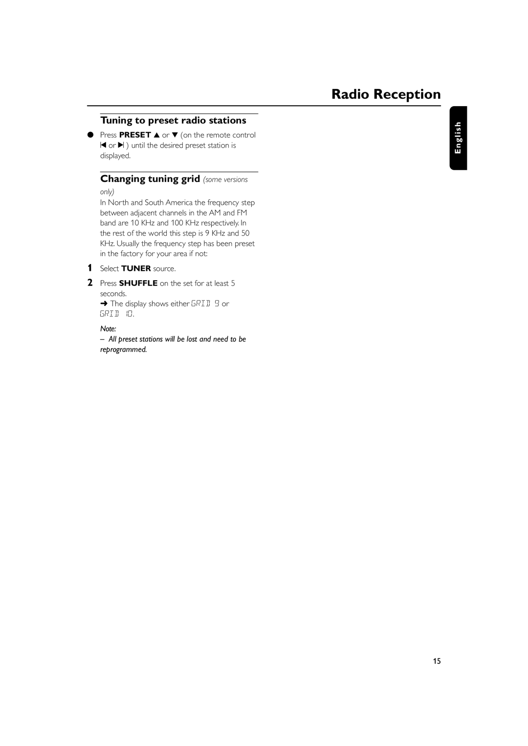 Philips MC160 user manual Tuning to preset radio stations, Changing tuning grid some versions 