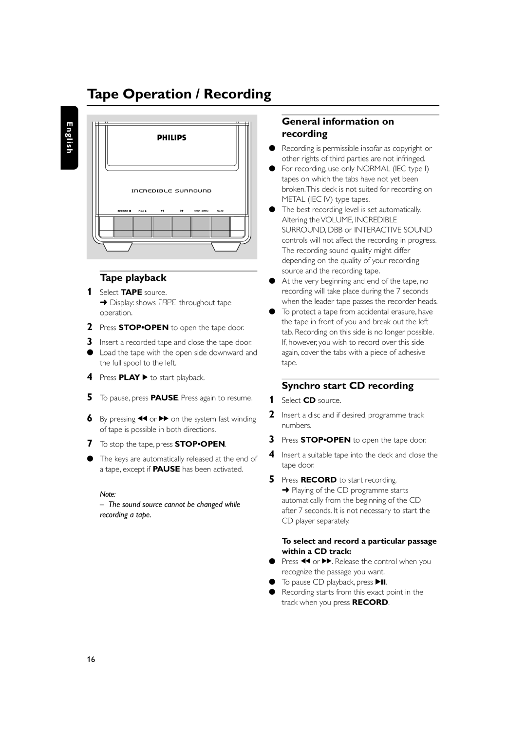 Philips MC160 user manual Tape Operation / Recording, Tape playback, General information on recording 