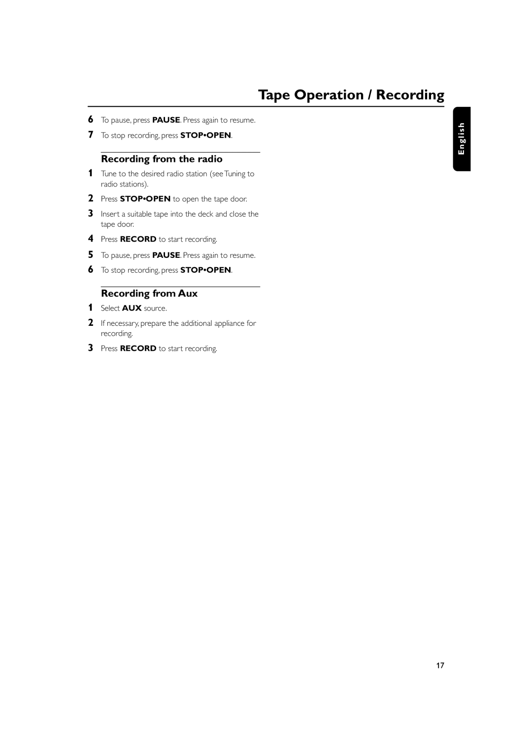 Philips MC160 user manual Recording from Aux 