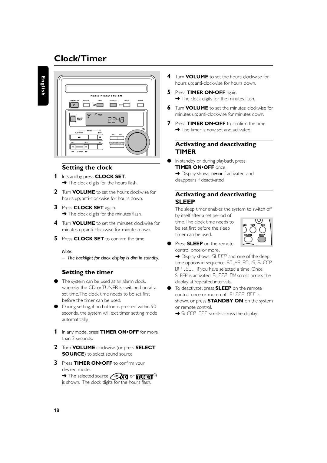 Philips MC160 user manual Clock/Timer, Activating and deactivating, Setting the clock, Setting the timer 