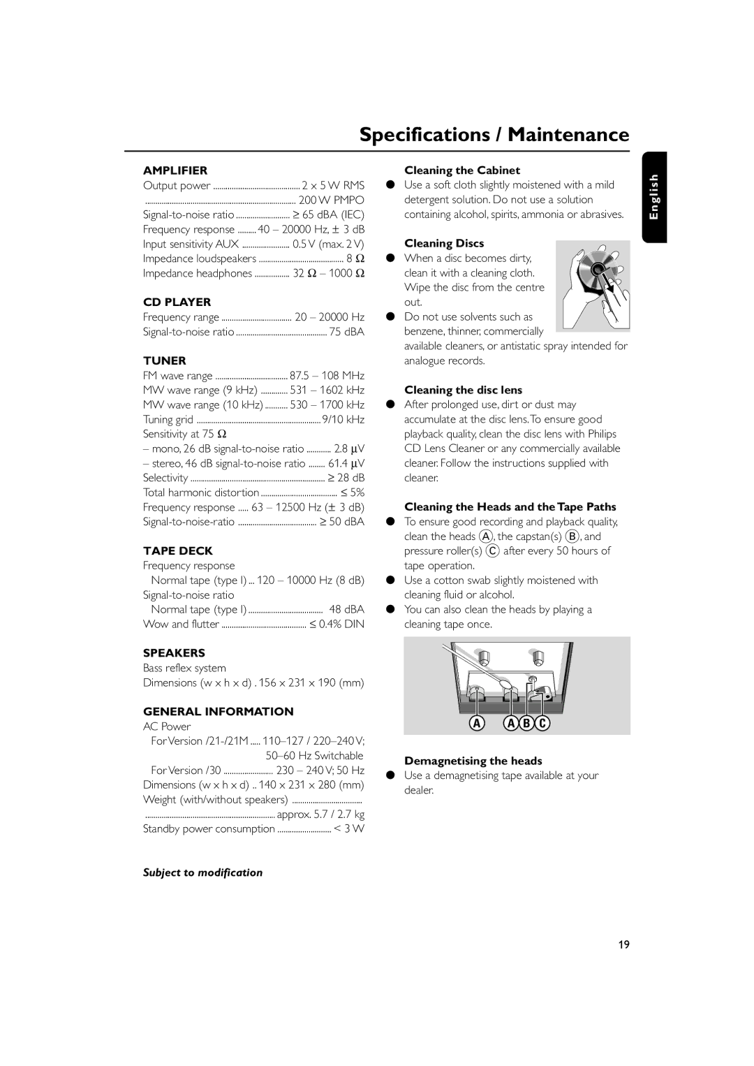 Philips MC160 user manual Specifications / Maintenance 