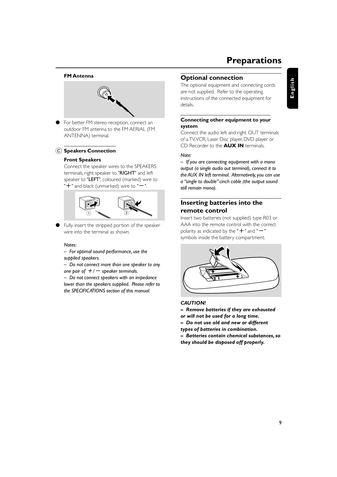 Philips MC160 user manual Optional connection, Inserting batteries into the remote control, FM Antenna 