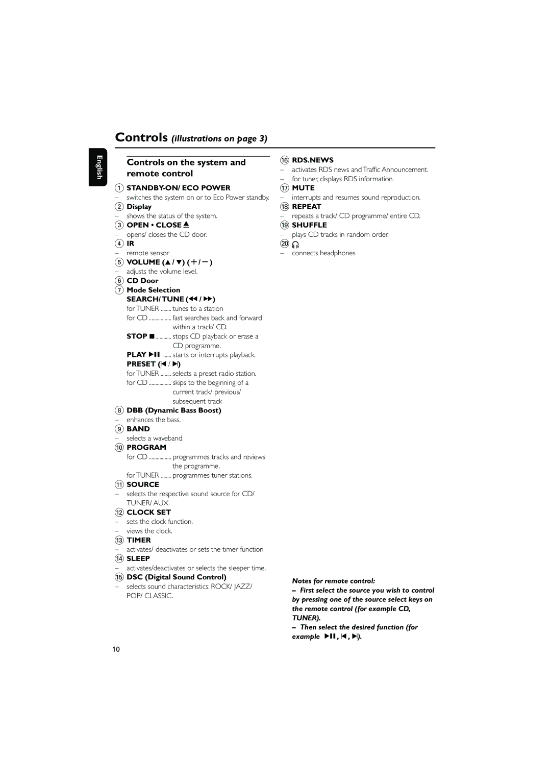 Philips MC230 user manual Controls on the system, Remote control 