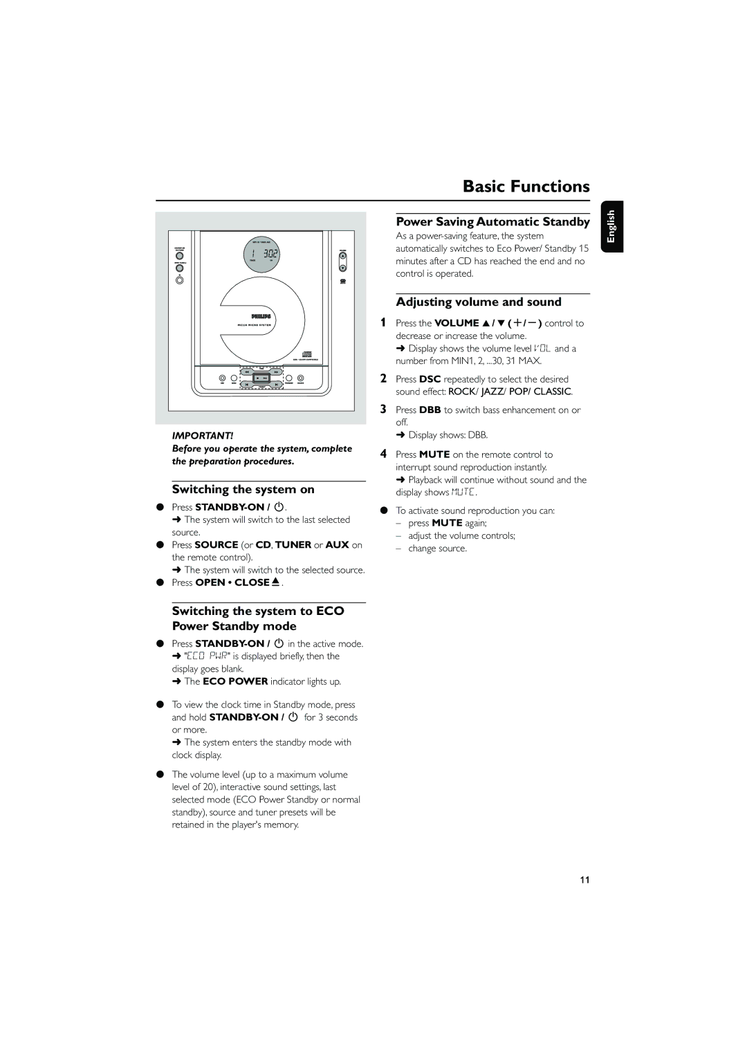 Philips MC230 Basic Functions, Switching the system on, Power Saving Automatic Standby, Adjusting volume and sound 