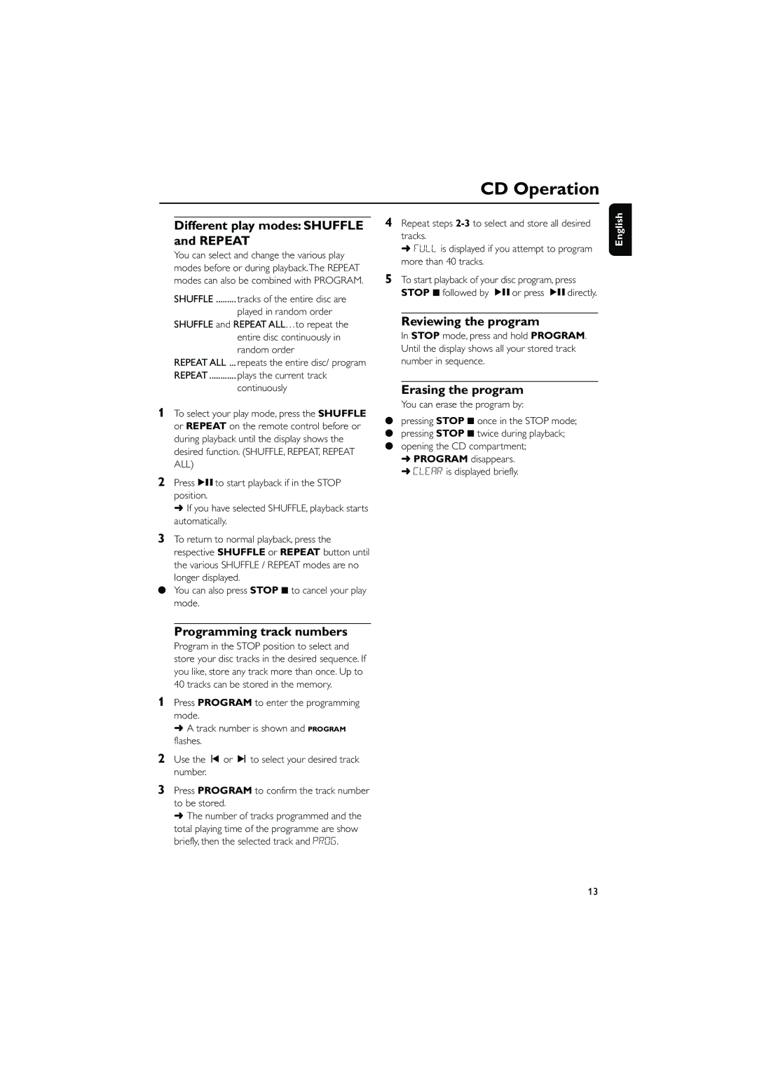 Philips MC230 user manual Different play modes Shuffle and Repeat, Reviewing the program, Erasing the program 