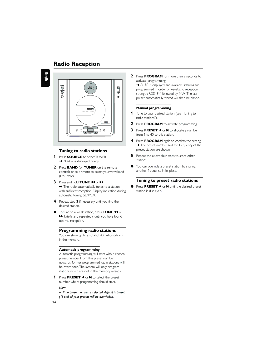 Philips MC230 Radio Reception, Tuning to radio stations, Tuning to preset radio stations, Programming radio stations 