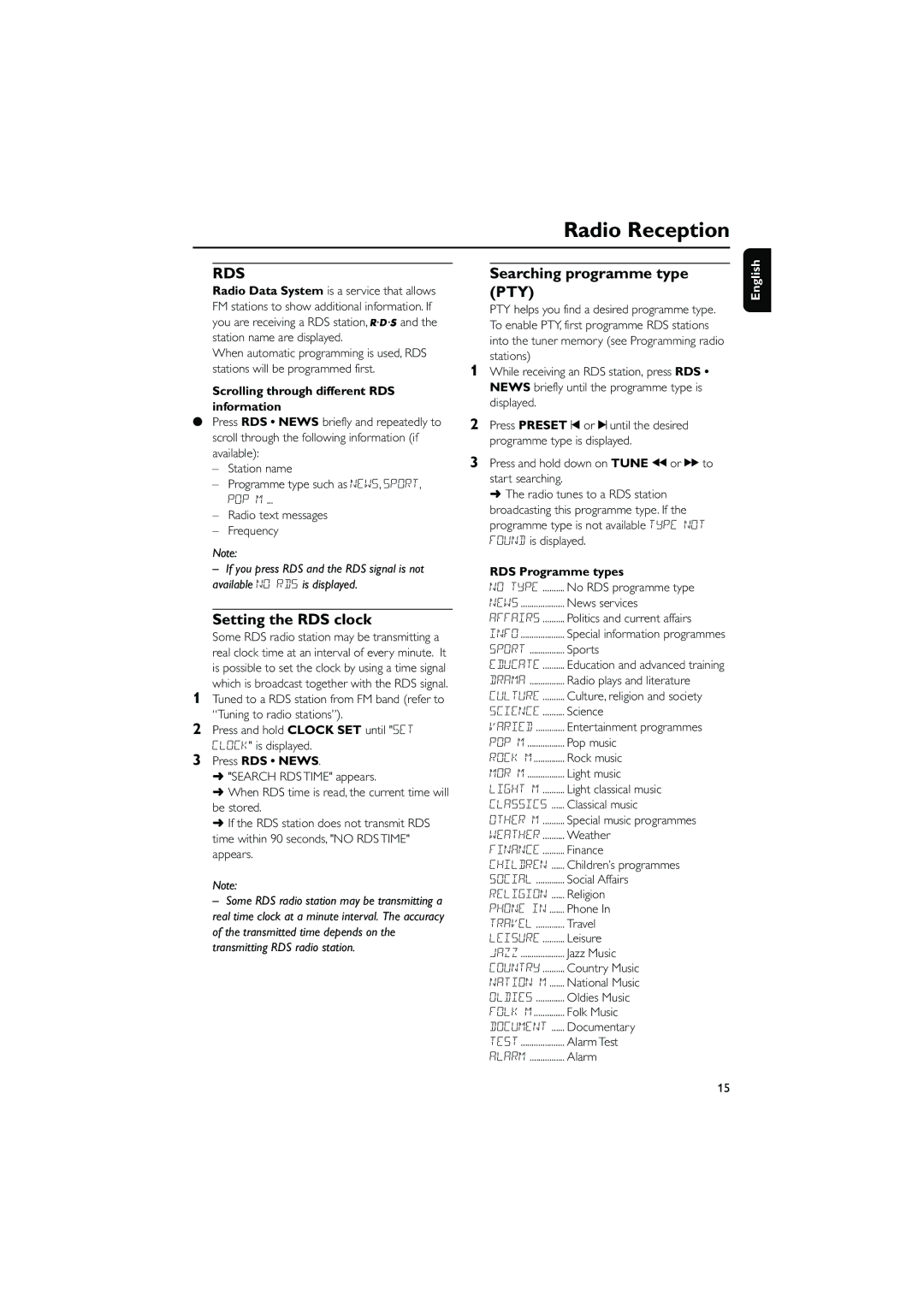 Philips MC230 user manual Setting the RDS clock, Searching programme type PTY, Scrolling through different RDS information 