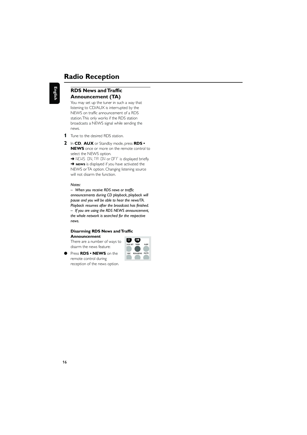 Philips MC230 user manual RDS News and Traffic Announcement TA, Disarming RDS News and Traffic Announcement 