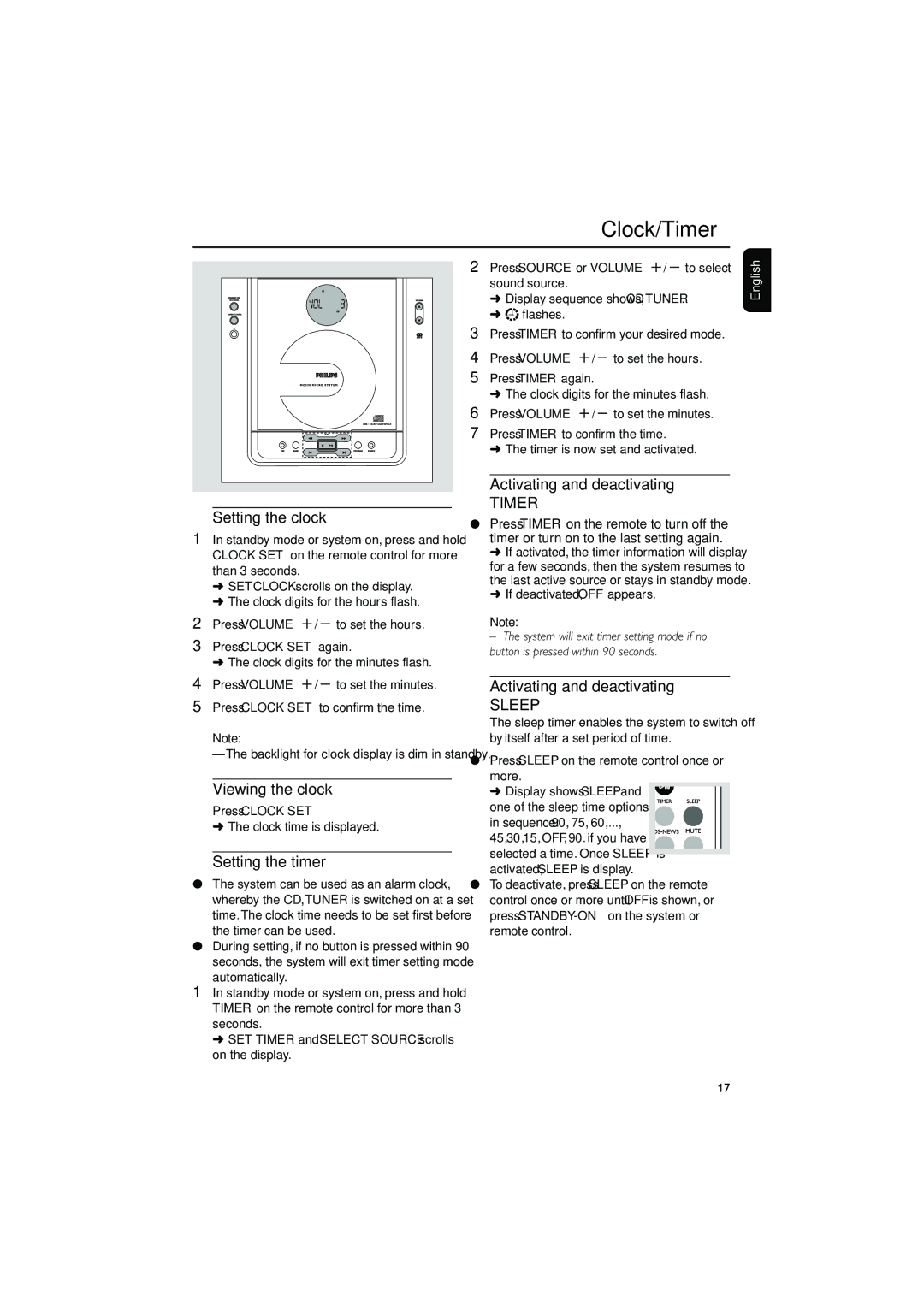 Philips MC230 user manual Clock/Timer, Setting the clock, Viewing the clock, Setting the timer, Activating and deactivating 