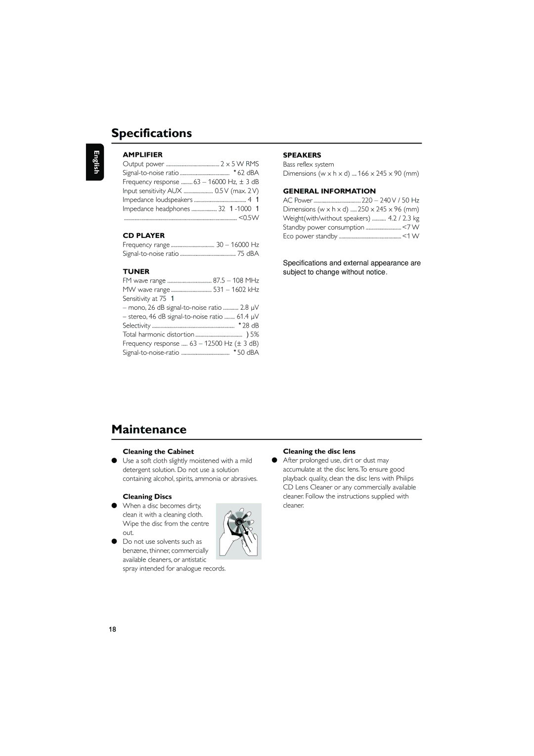 Philips MC230 user manual Specifications, Maintenance, Cleaning the Cabinet Cleaning the disc lens, Cleaning Discs 