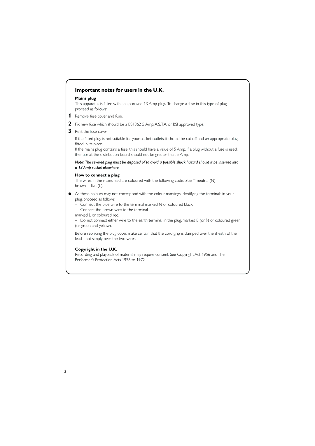 Philips MC230 user manual Important notes for users in the U.K, Mains plug, How to connect a plug, Copyright in the U.K 