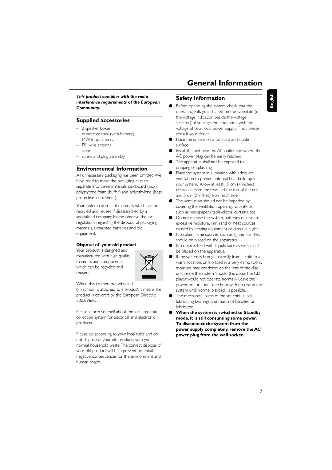 Philips MC230 user manual General Information, Supplied accessories, Environmental Information, Safety Information 