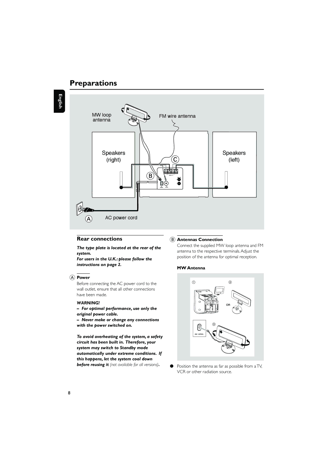 Philips MC230 user manual Preparations, Rear connections, Power, Antennas Connection, MW Antenna 