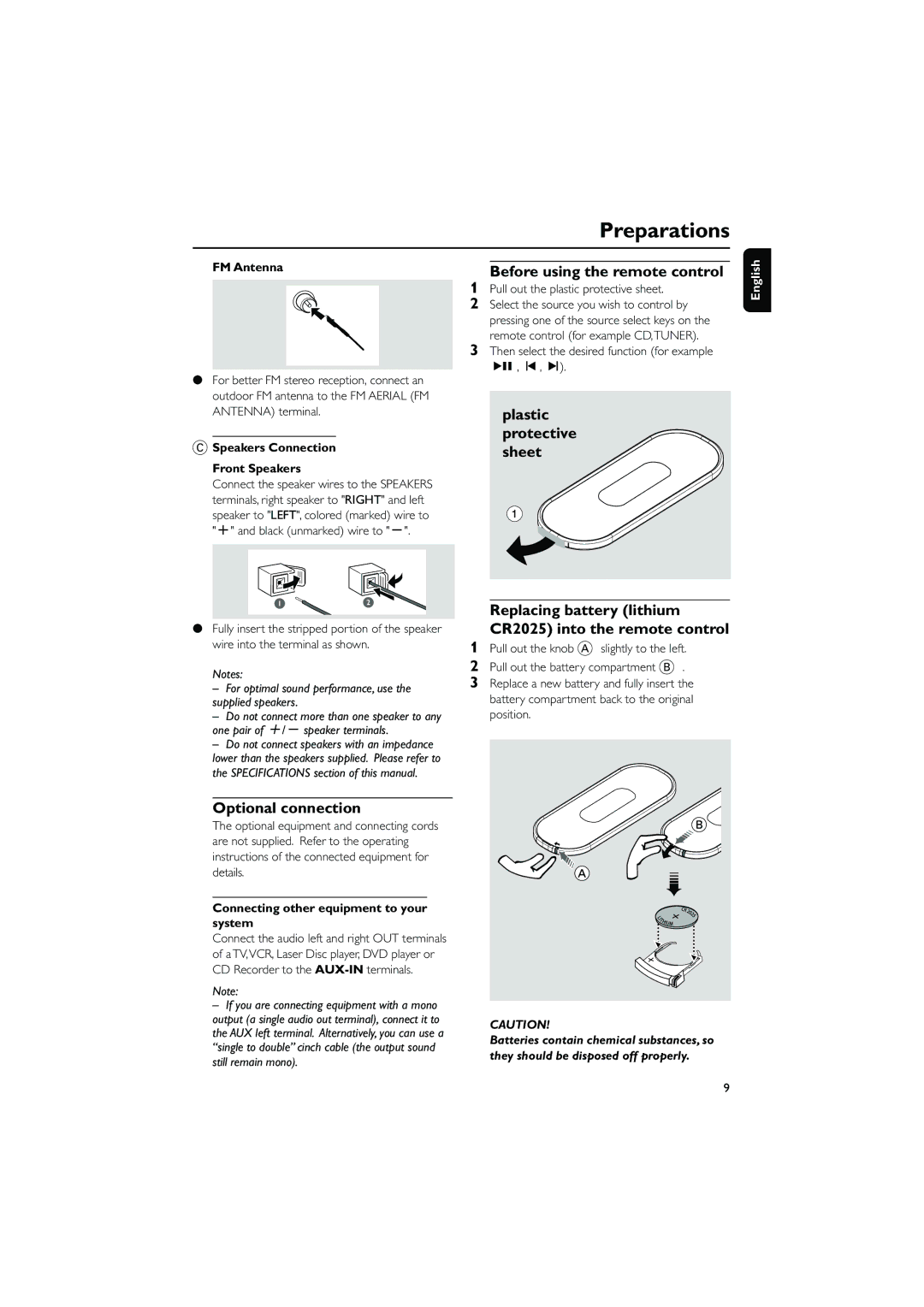 Philips MC230 user manual Before using the remote control, Plastic protective sheet, Optional connection 