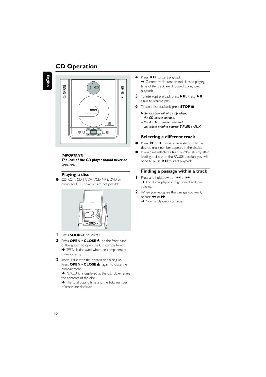 Philips MC230 user manual CD Operation, Selecting a different track, Playing a disc, Finding a passage within a track 