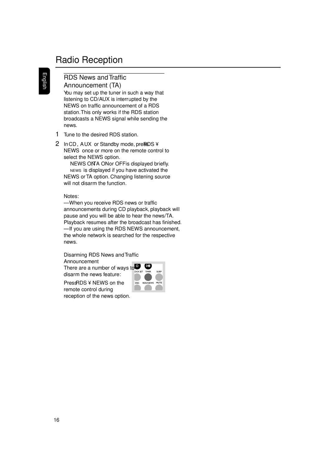 Philips MC235, MC230 user manual RDS News and Traffic Announcement TA, Disarming RDS News and Traffic Announcement 