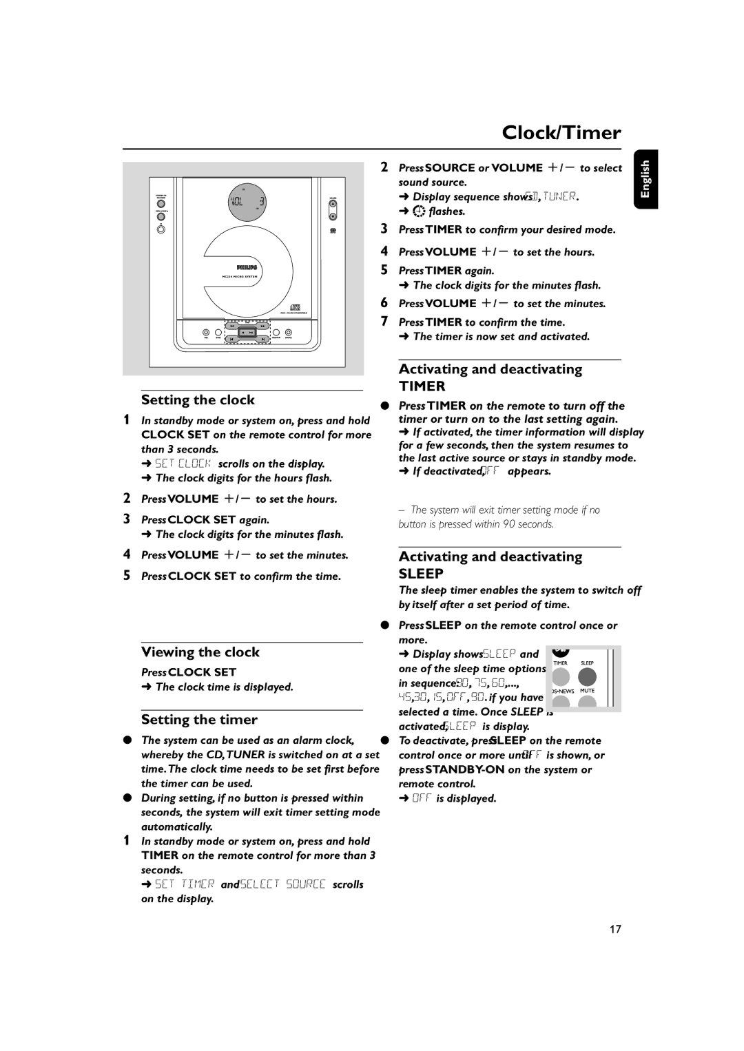 Philips MC230, MC235 Clock/Timer, Setting the clock, Viewing the clock, Setting the timer, Activating and deactivating 