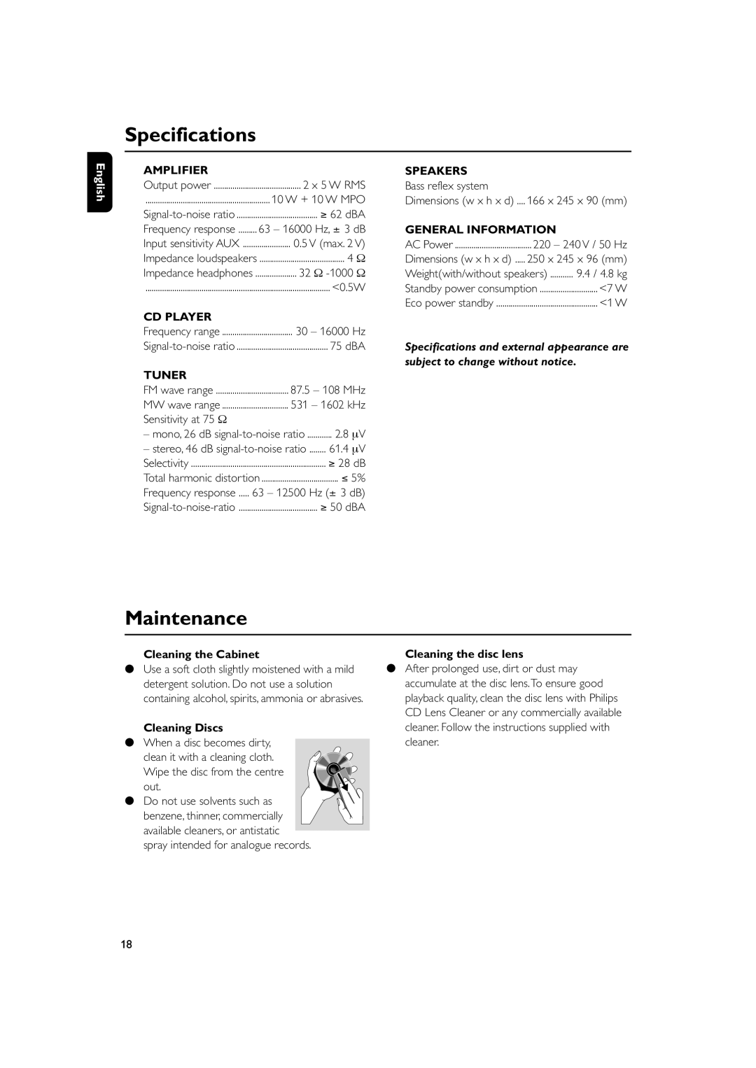 Philips MC235, MC230 user manual Specifications, Maintenance 