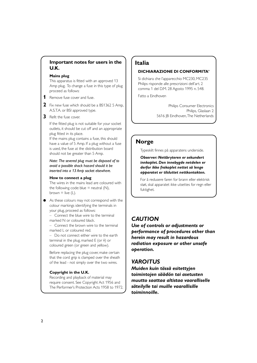 Philips MC235, MC230 Important notes for users in the U.K, Mains plug, How to connect a plug, Copyright in the U.K 