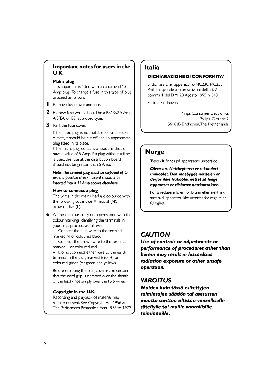 Philips MC235, MC230 user manual Important notes for users in the U.K, Italia, Norge, Varoitus 