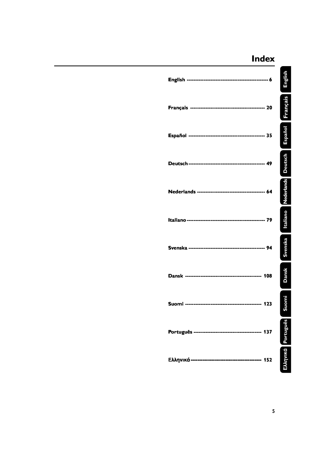 Philips MC230, MC235 user manual Index, English, Suomi Dansk Svenska Italiano Nederlands Deutsch, Eïïëóèî¿ 