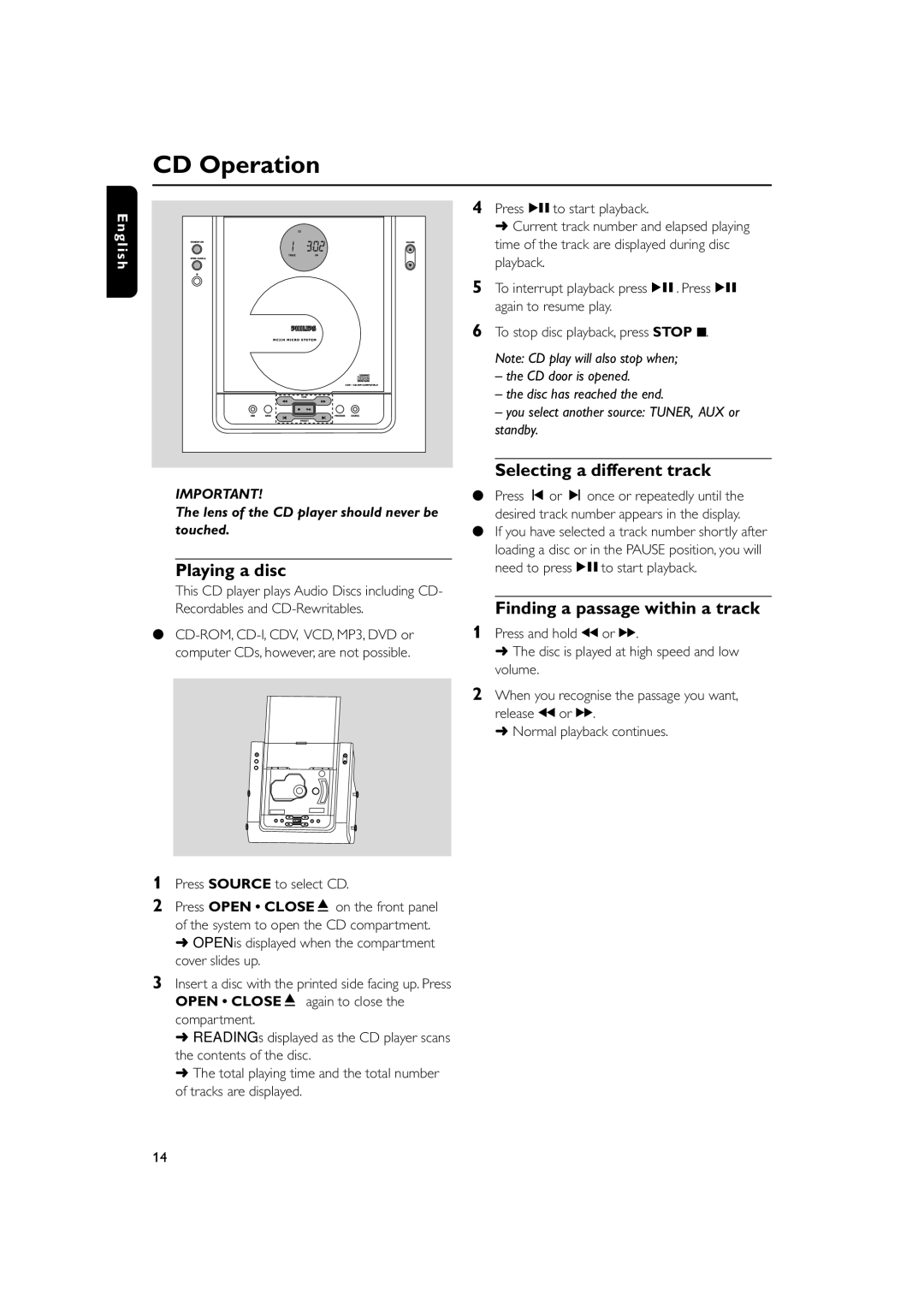 Philips MC235 user manual CD Operation, Playing a disc, Selecting a different track, Finding a passage within a track 