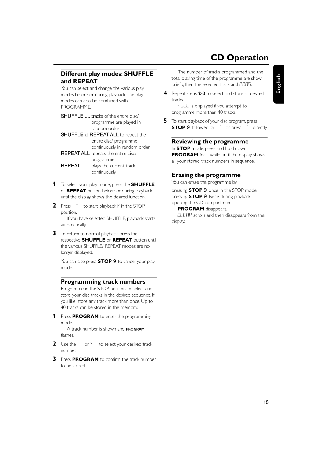 Philips MC235 user manual Different play modes Shuffle and Repeat, Programming track numbers, Reviewing the programme 