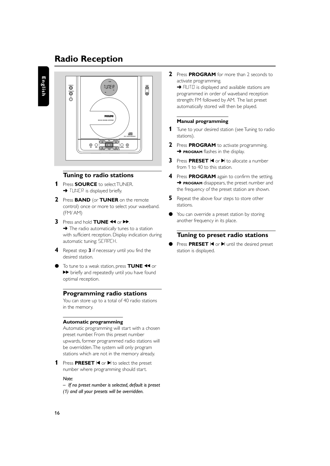 Philips MC235 Radio Reception, Tuning to radio stations, Programming radio stations, Tuning to preset radio stations 