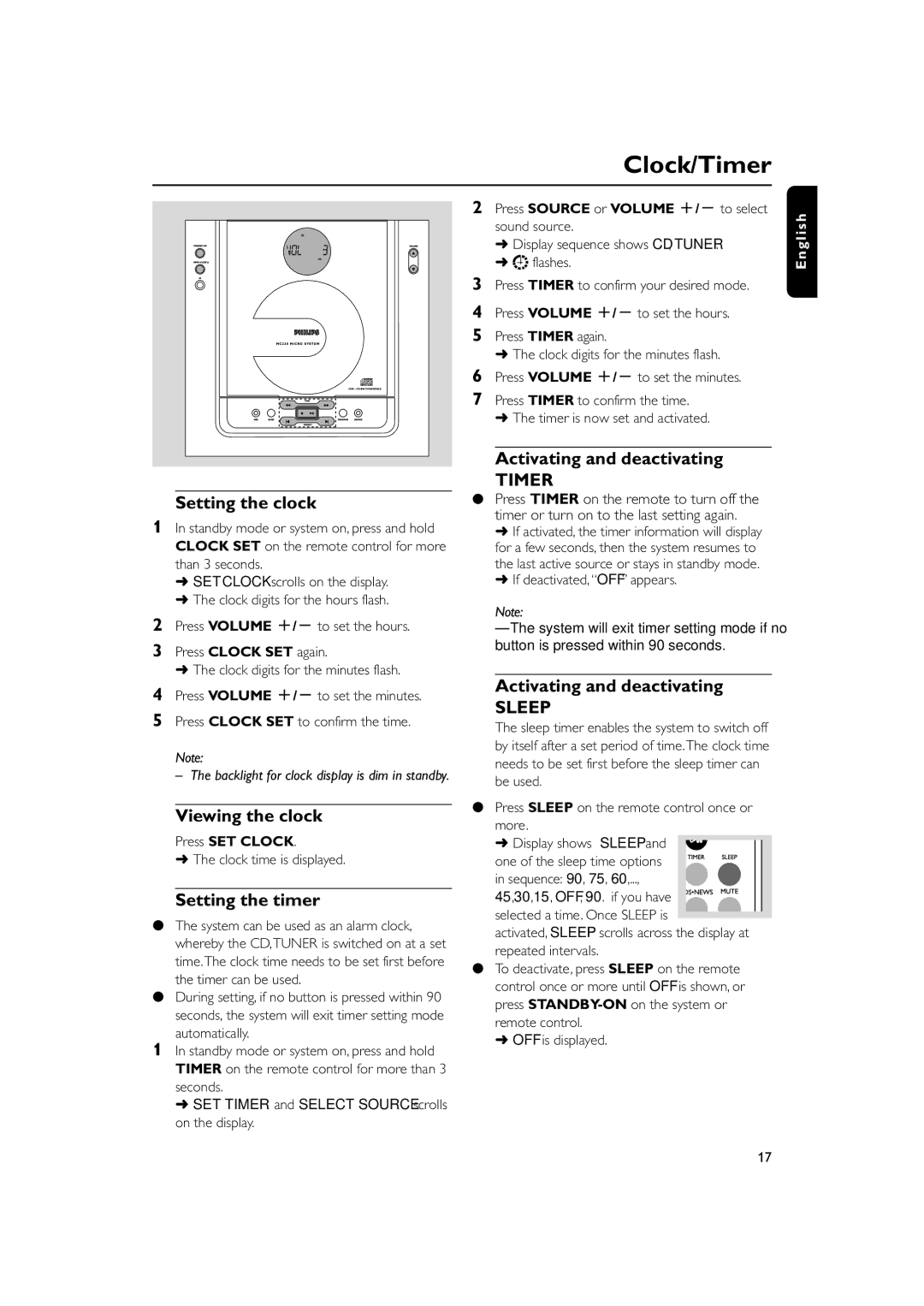 Philips MC235 user manual Clock/Timer, Setting the clock, Viewing the clock, Setting the timer, Activating and deactivating 