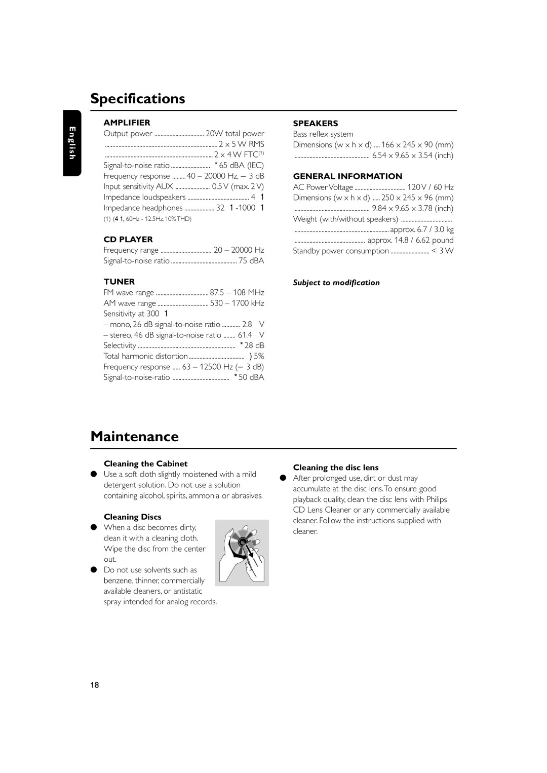 Philips MC235 user manual Specifications, Maintenance, Cleaning the Cabinet, Cleaning Discs, Cleaning the disc lens 