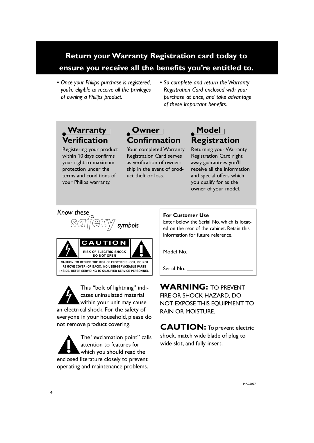 Philips MC235 user manual Owner Confirmation, Model Registration 