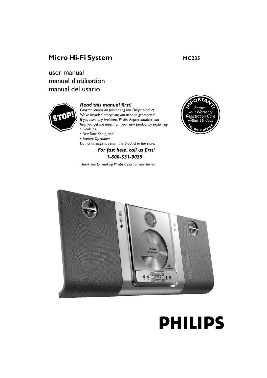 Philips MC235 user manual Micro Hi-FiSystem, your Warranty Registration Card within 10 days 