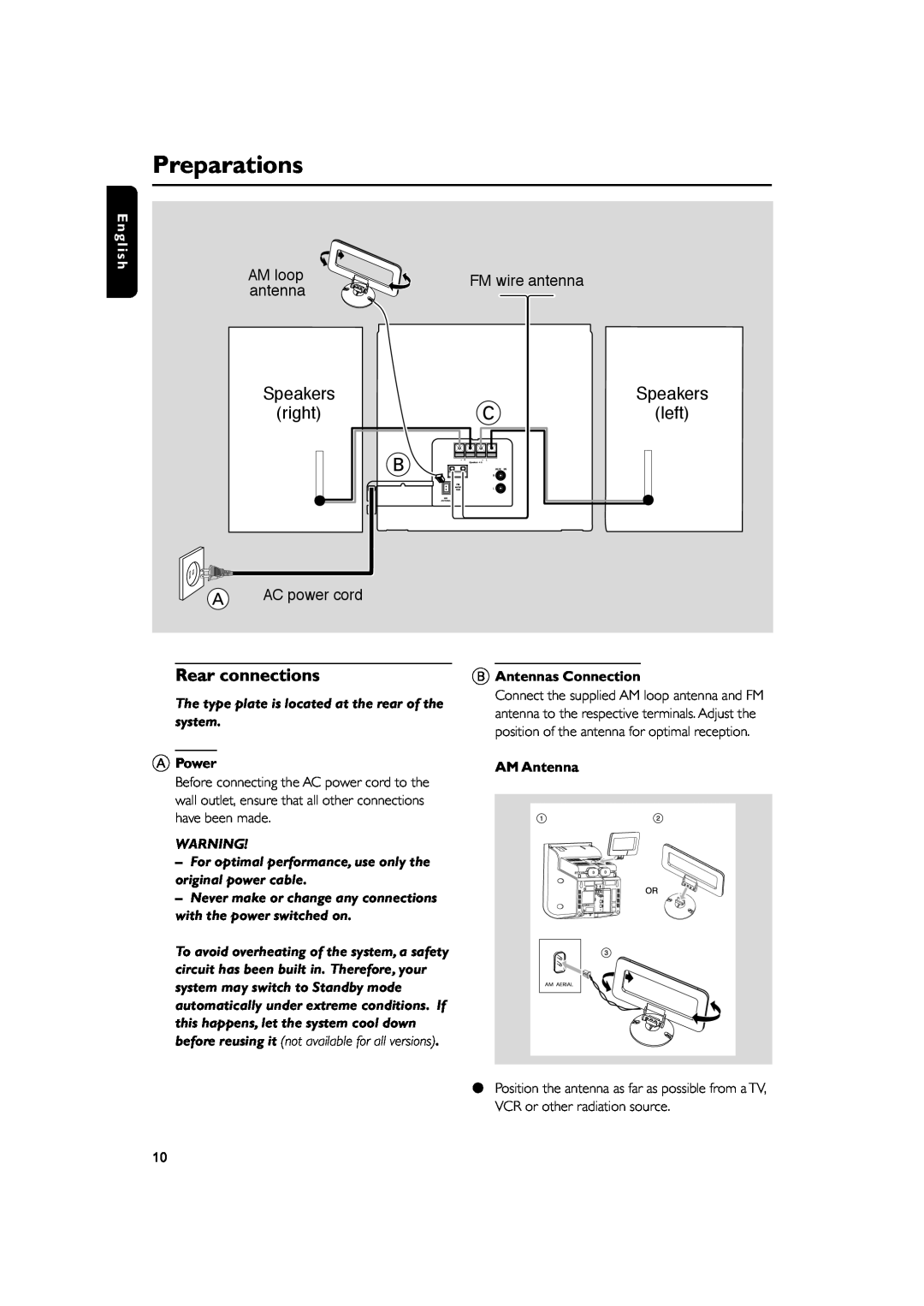 Philips MC235 user manual Preparations, Rear connections, right, left, Speakers, E n g l i s h 