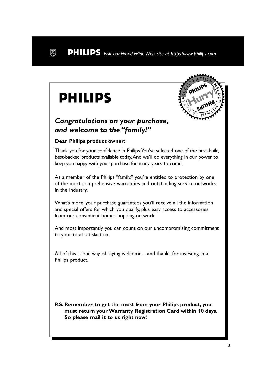 Philips MC235 user manual Dear Philips product owner, AHurry 
