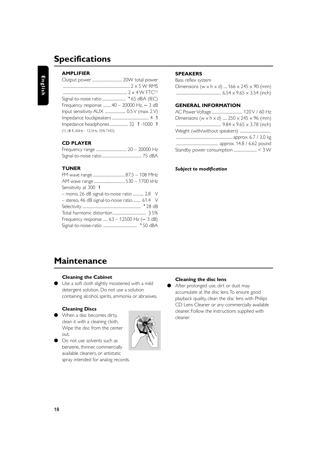 Philips MC235/37B user manual Specifications, Maintenance, Cleaning the Cabinet, Cleaning Discs, Cleaning the disc lens 