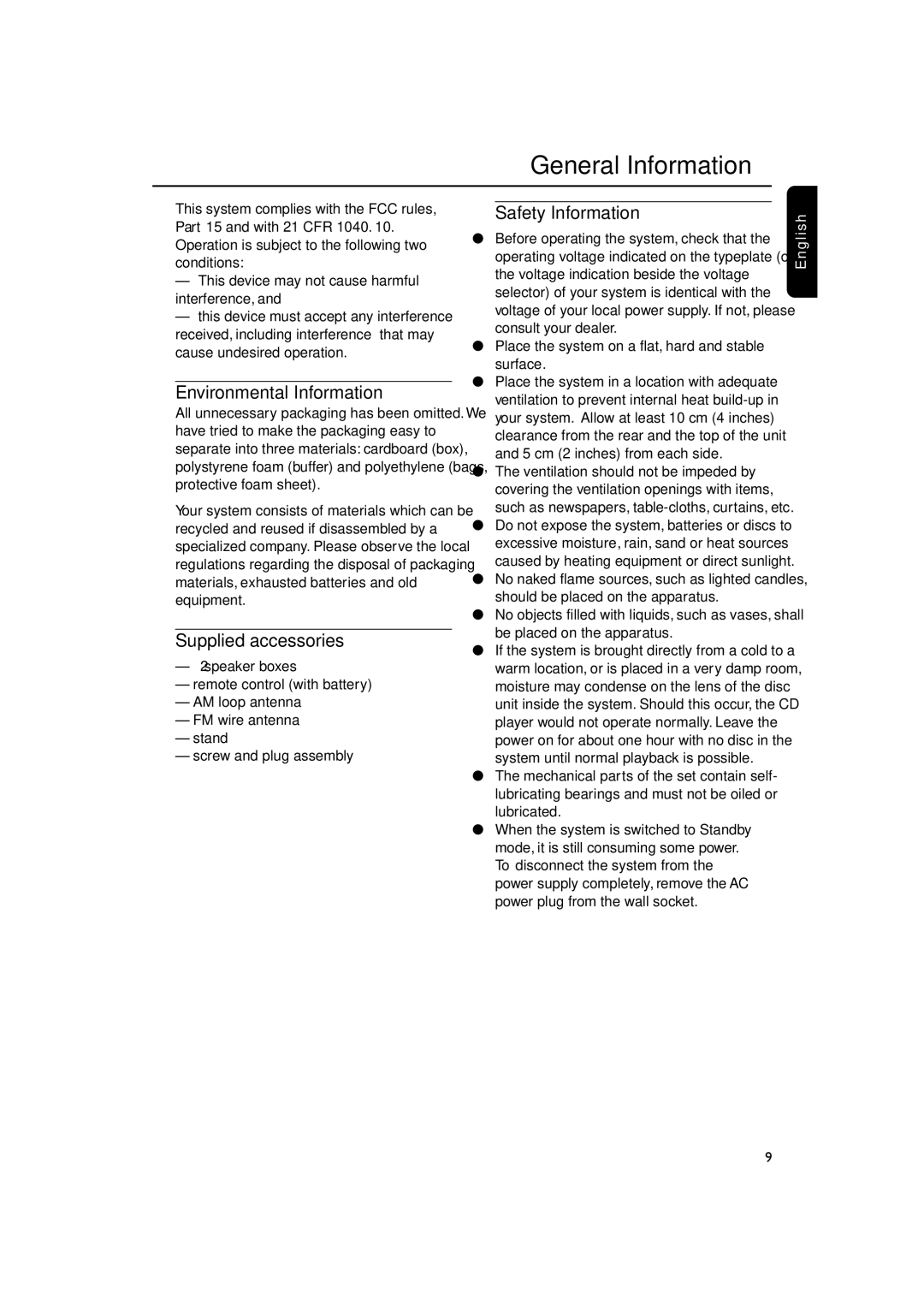 Philips MC235/37B user manual General Information, Environmental Information, Supplied accessories, Safety Information 