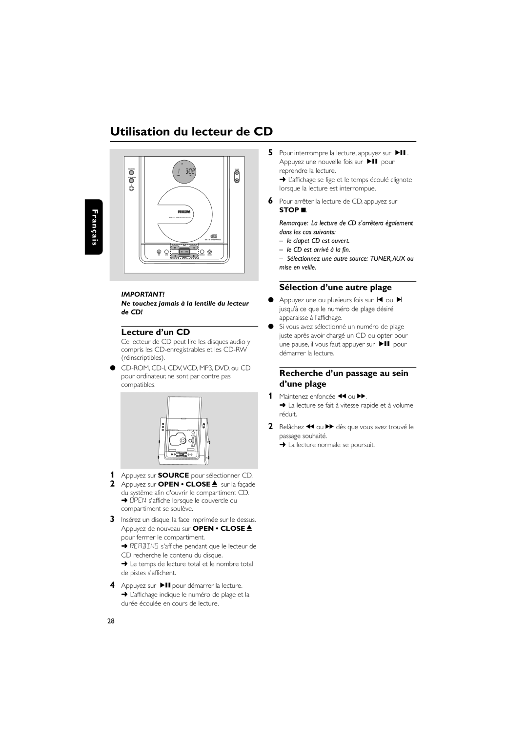 Philips MC235B/37 quick start Utilisation du lecteur de CD, Lecture d’un CD, Sélection d’une autre plage 