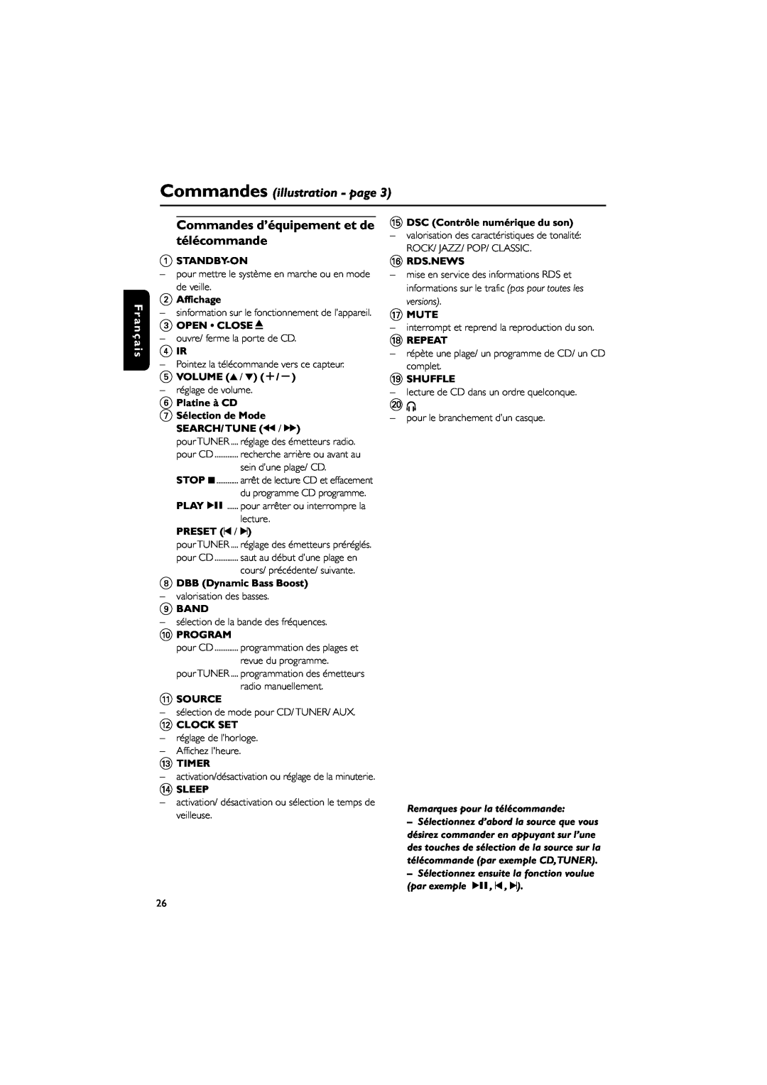 Philips MC235B/37 télécommande, Commandes illustration - page, 1STANDBY-ON, 2Affichage, OPEN CLOSEç, VOLUME 3 / 4 +, Band 