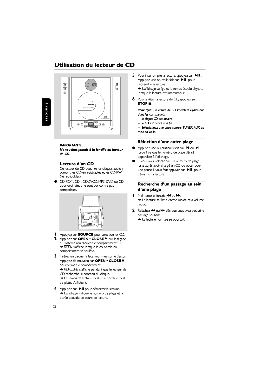 Philips MC235B/37 Utilisation du lecteur de CD, Lecture d’un CD, Sélection d’une autre plage, le clapet CD est ouvert 