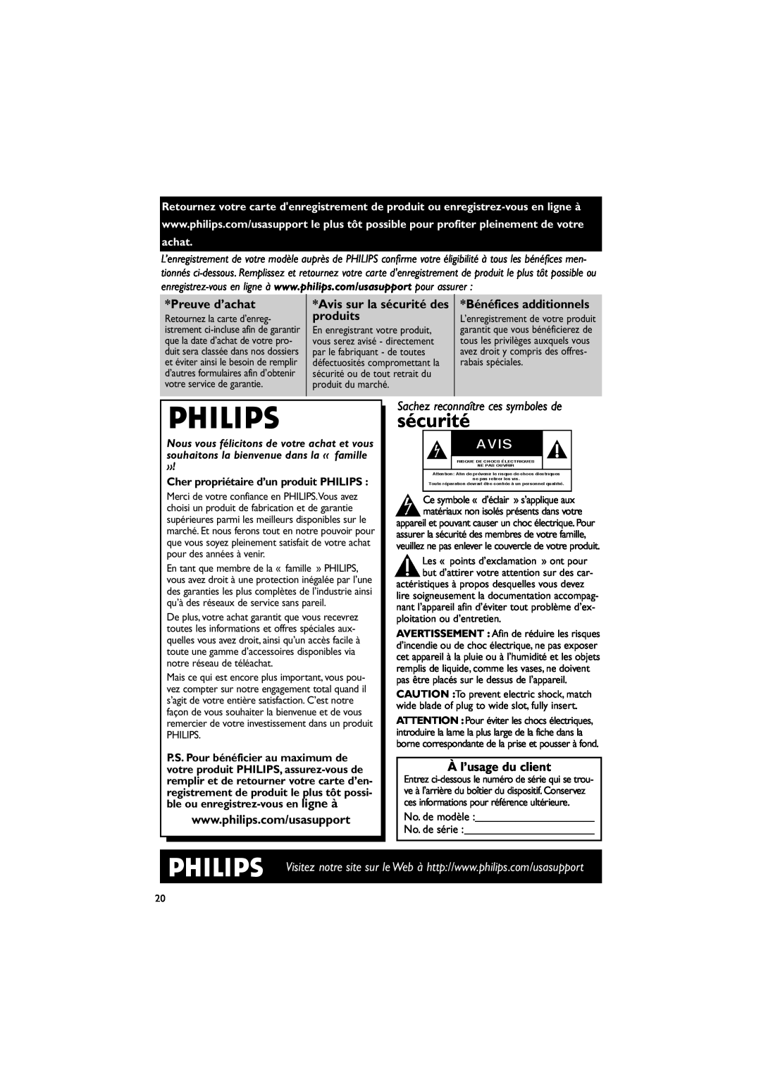 Philips MC235B/37 Preuve d’achat, produits, À l’usage du client, Avis sur la sécurité des, Bénéfices additionnels 