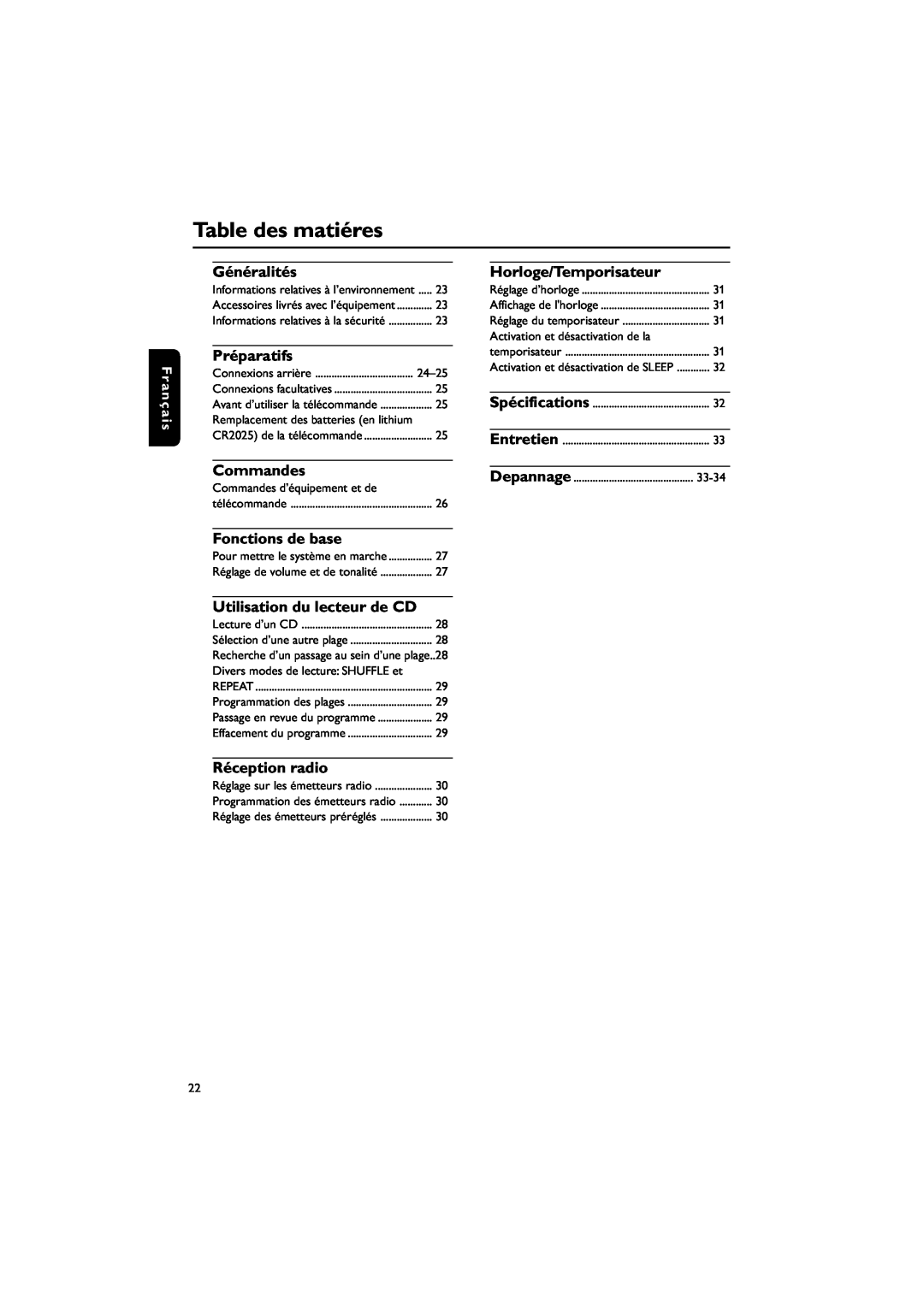 Philips MC235B/37 Table des matiéres, Généralités, Préparatifs, Commandes, Fonctions de base, Utilisation du lecteur de CD 