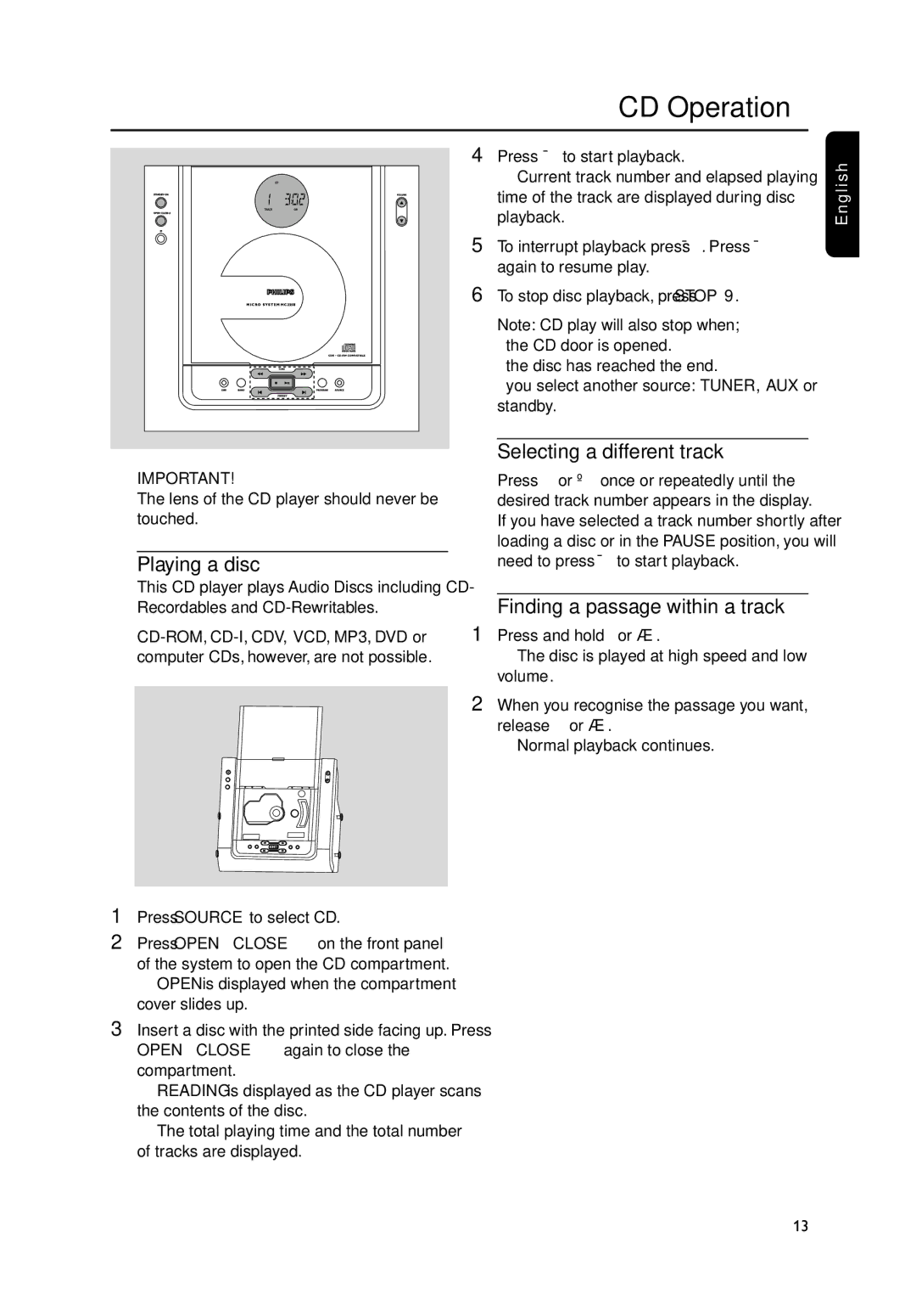 Philips MC235B/37B quick start CD Operation, Playing a disc, Selecting a different track, Finding a passage within a track 