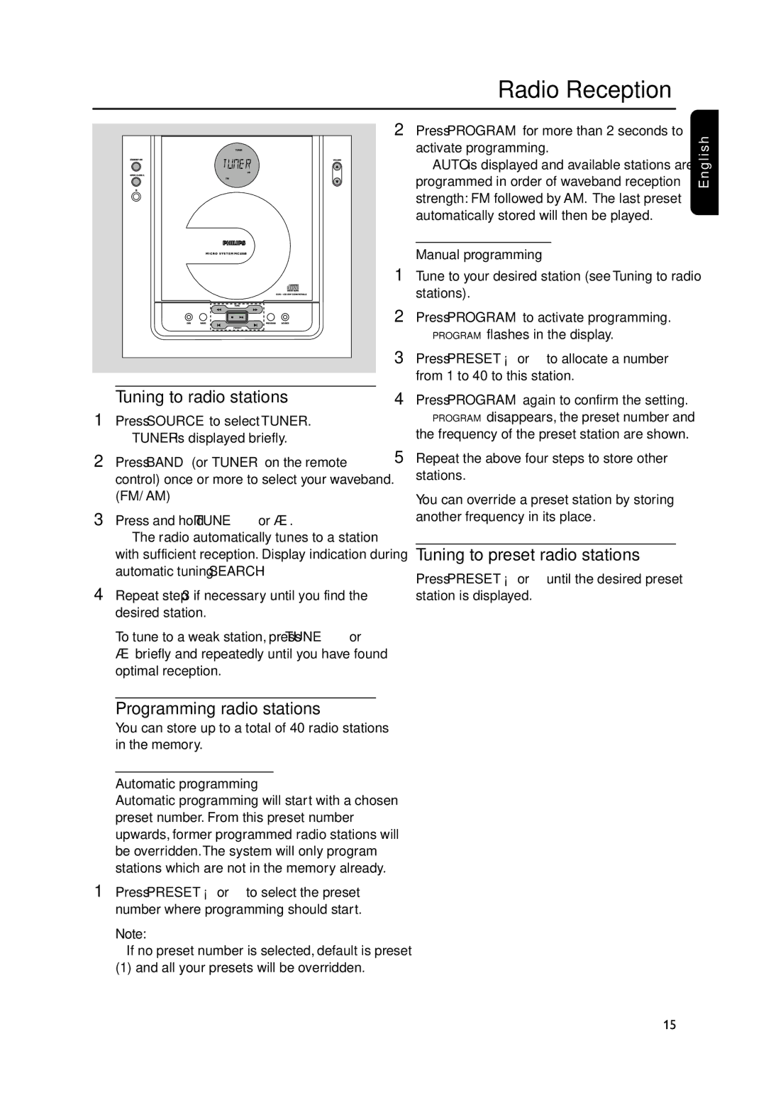 Philips MC235B/37B Radio Reception, Tuning to radio stations, Programming radio stations, Tuning to preset radio stations 