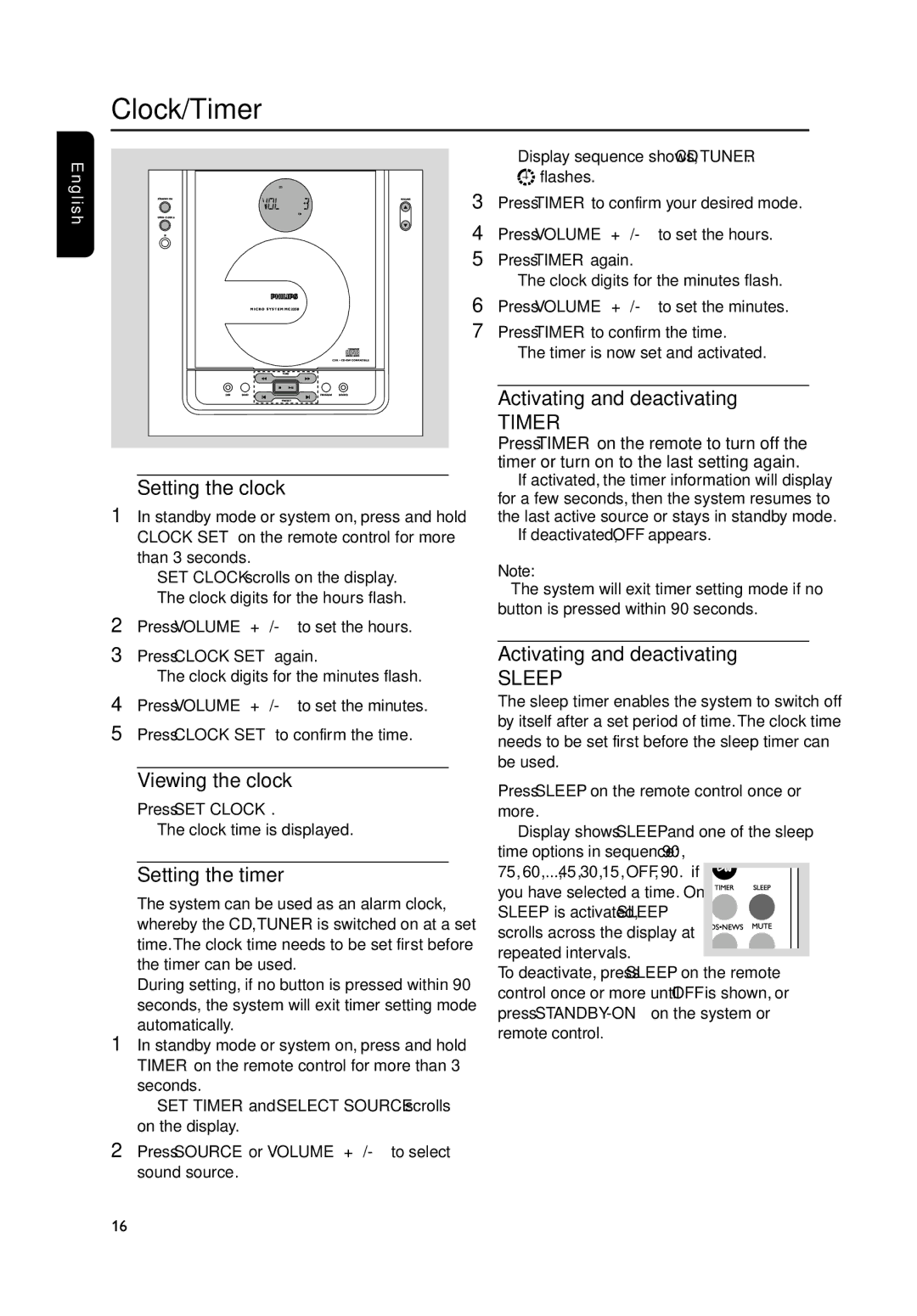 Philips MC235B/37B Clock/Timer, Activating and deactivating, Setting the clock, Viewing the clock, Setting the timer 