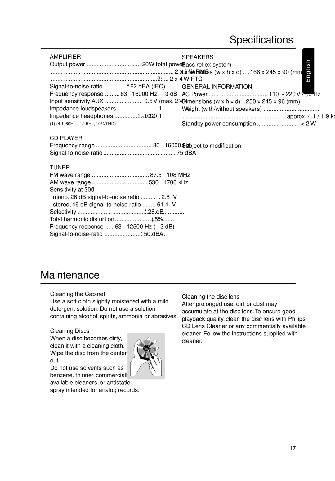 Philips MC235B/37B quick start Specifications, Maintenance, Cleaning the Cabinet, Cleaning Discs, Cleaning the disc lens 