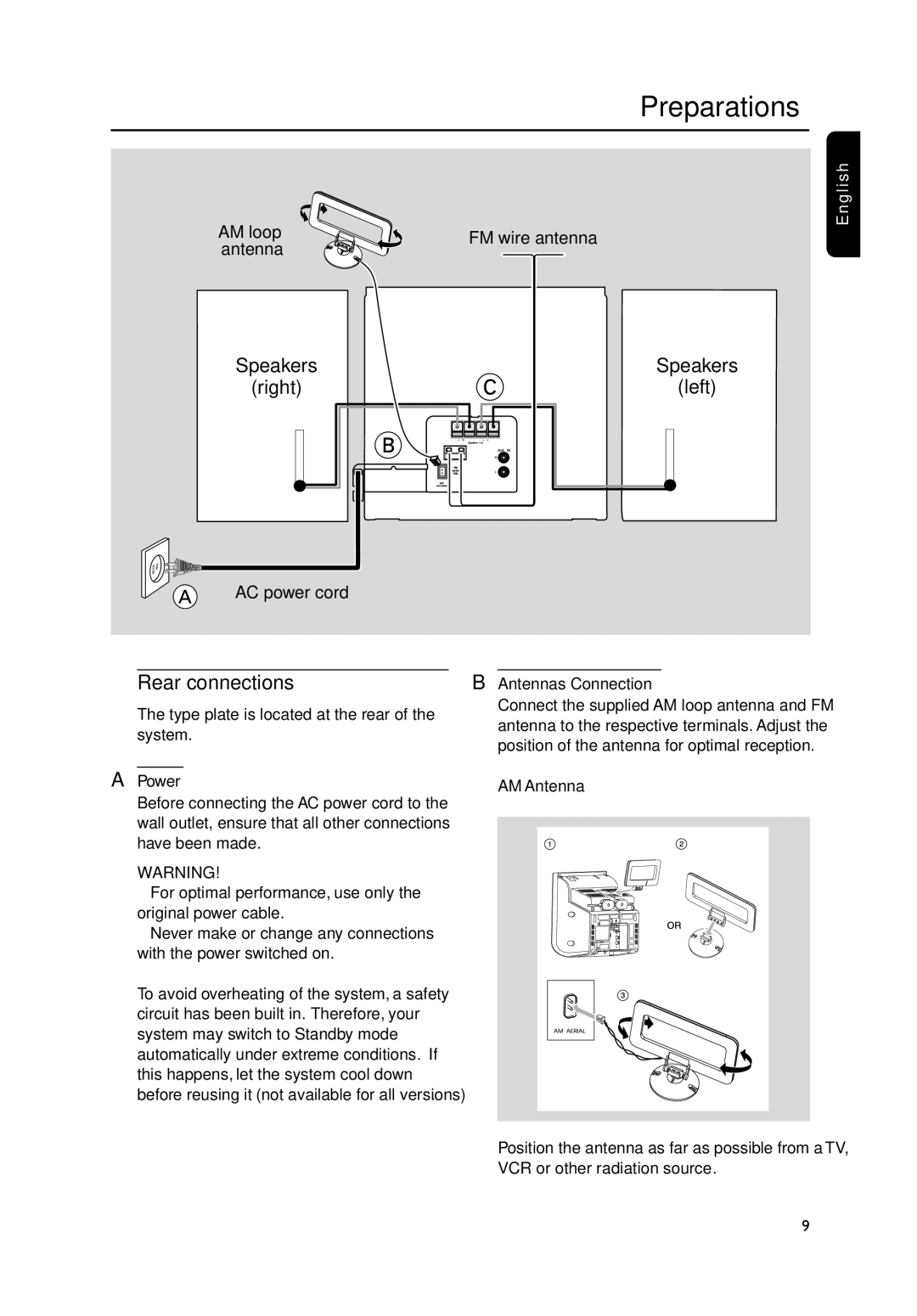 Philips MC235B/37B quick start Preparations, Rear connections, Power, Antennas Connection, AM Antenna 